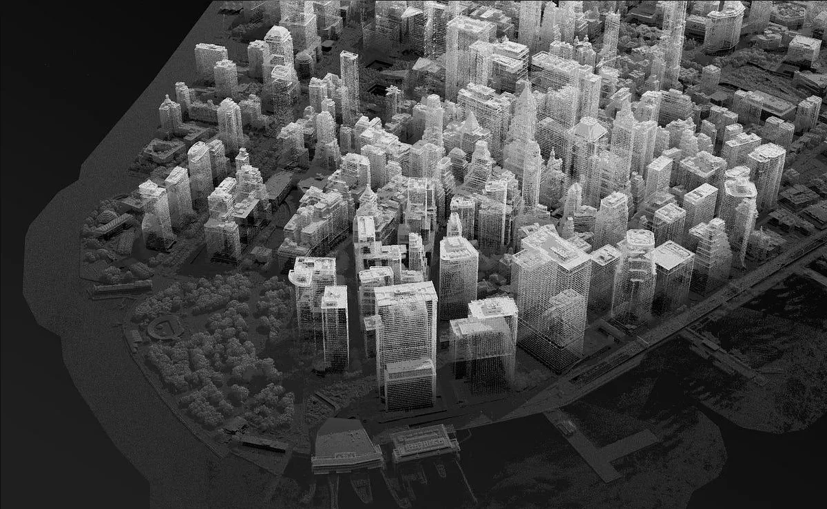 LiDAR point cloud of Lower Manhattan reconstructed as a 3D city model