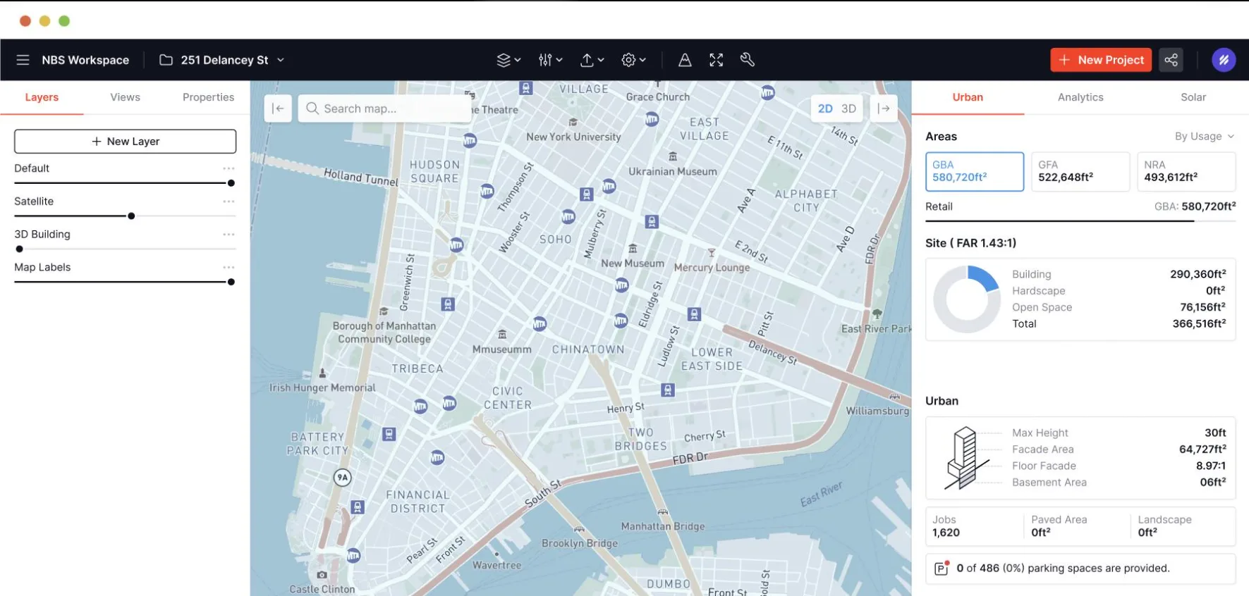 Workspace with map layer controls, a Lower Manhattan basemap and site metrics for floor area, FAR and parking