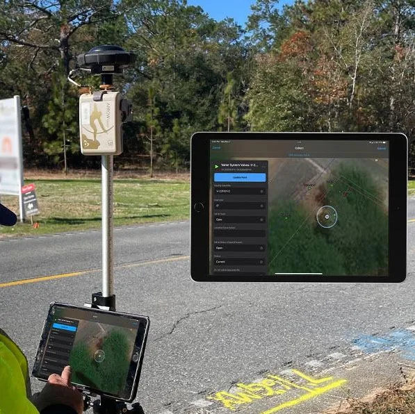 Surveyor holding a tablet on a pole with a GNSS receiver, collecting a water valve point on a satellite map