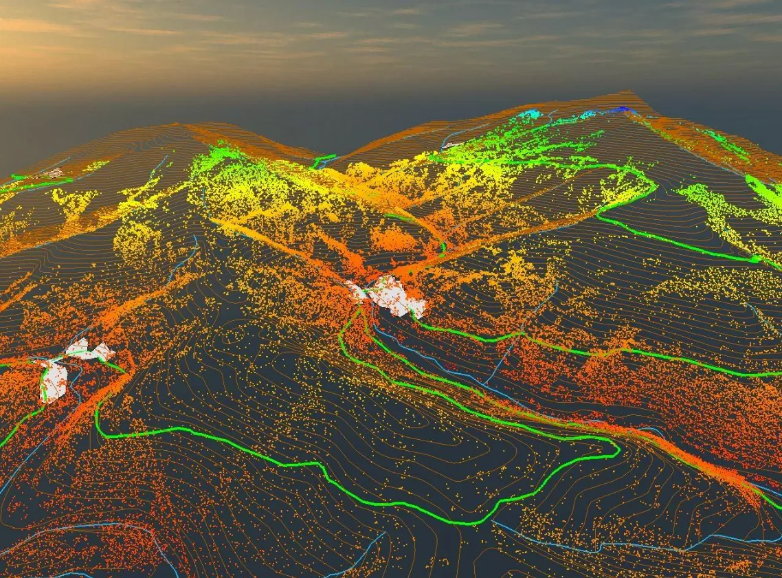 Classified LiDAR point cloud over hilly terrain with contour lines and mapped linear features