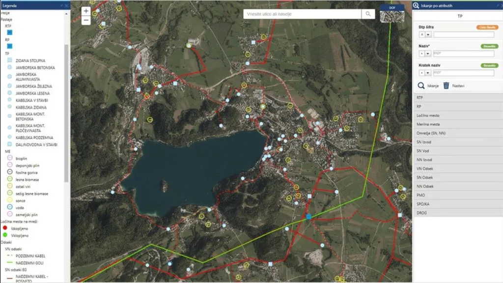 GEO-PORTAL web map of a utility network around Lake Bled with a symbol legend and an attribute search panel